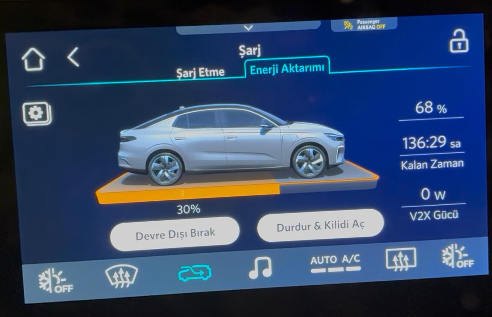 Togg Şarj menüsünde Enerji Aktarımı ve V2X Gücü ekranı – ChargeMobile gerçek araç testi