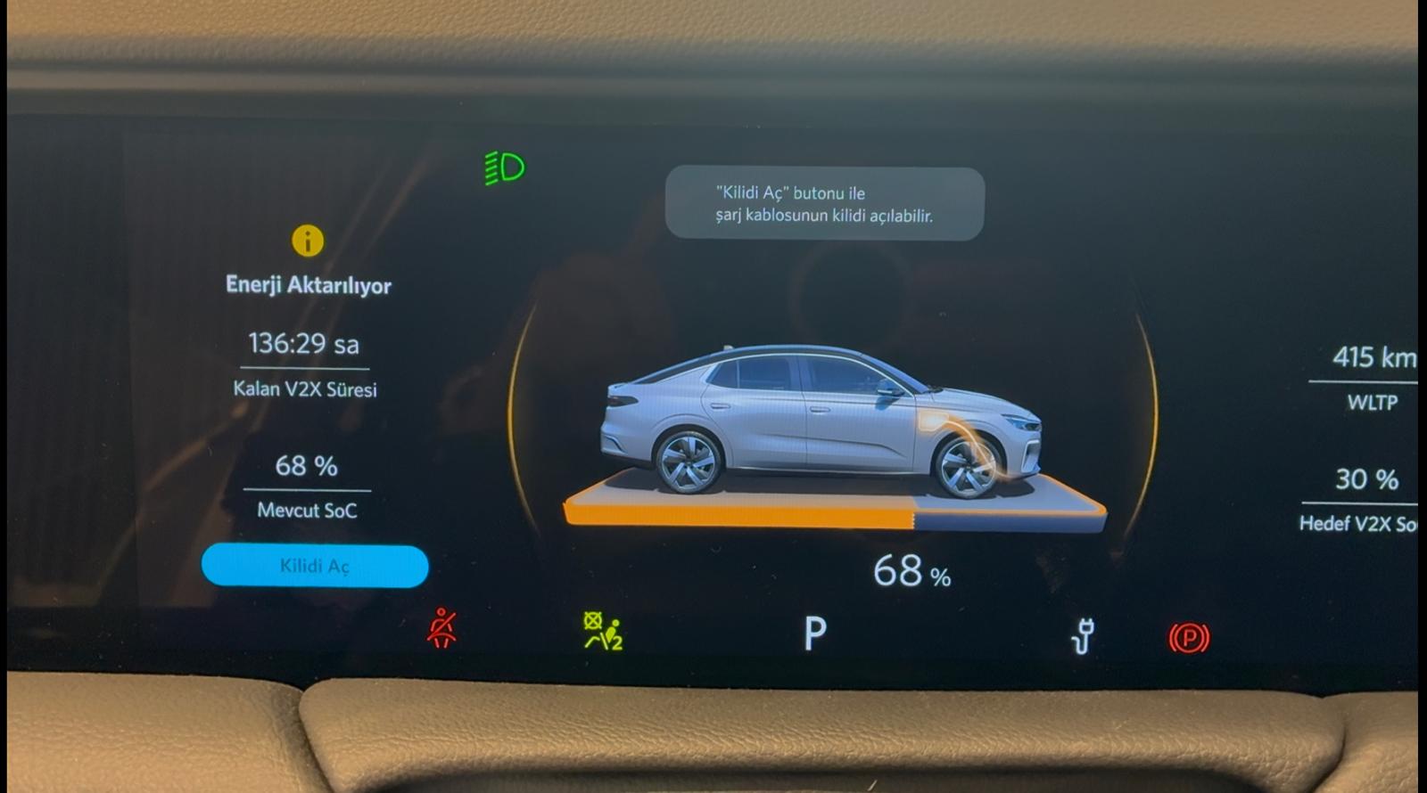 Enerji Aktarılıyor, mevcut SoC, hedef V2X SoC ve kalan V2X süresi – ChargeMobile gerçek araç testi